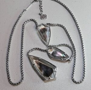 Kendra Scott Charlotte Black Mother Of Pearl Silver Tone Y Necklace Rare